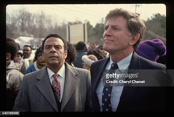 Atlanta Mayor Andrew Young and presidential candidate Gary Hart, at a civil rights march in Forsyth County, Georgia.