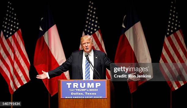 Republican presidential candidate Donald Trump speaks on June 16, 2016 at Gilley's in Dallas, Texas. Trump arrived in Texas on Thursday with plans to...