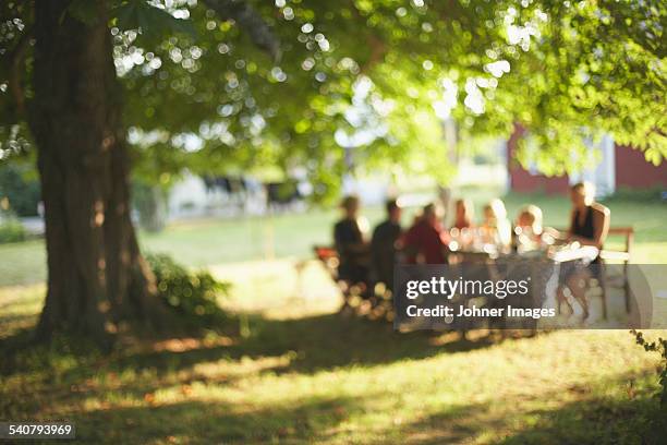 family having meal in garden - gartenfest stock-fotos und bilder