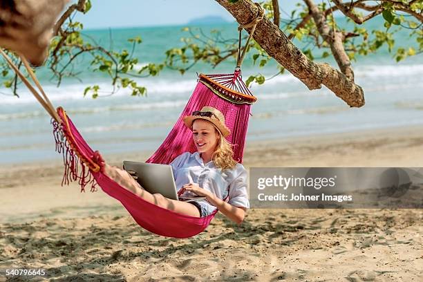 young woman using laptop in hammock on beach - beach hammock stock pictures, royalty-free photos & images