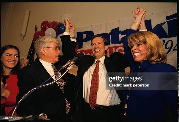 New York Governor George Pataki attends a rally at the National Federation of Republican Women's Club in Manhattan with Jack Kemp and running mate...