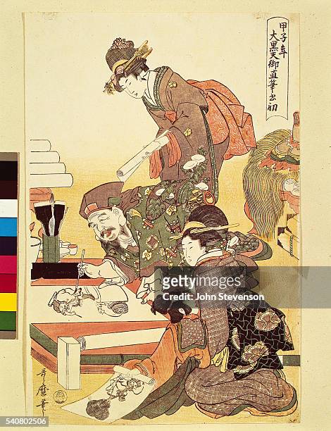 In this fanciful design Utamaro shows one of the Seven Lucky Gods teaching two well-dressed young ladies and an attendant how to paint pictures of...