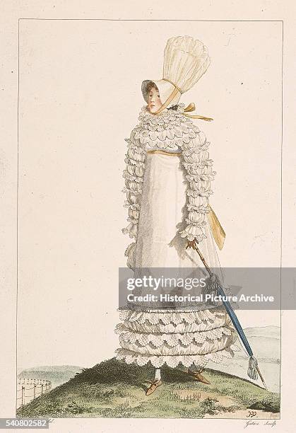 Lady's Empire-line summer gown with a gathered bodice and hem.