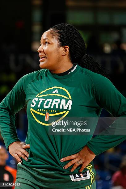 Markeisha Gatling of the Seattle Storm looks on before the game against the Dallas Wings on June 16, 2016 at College Park Center in Arlington, Texas....