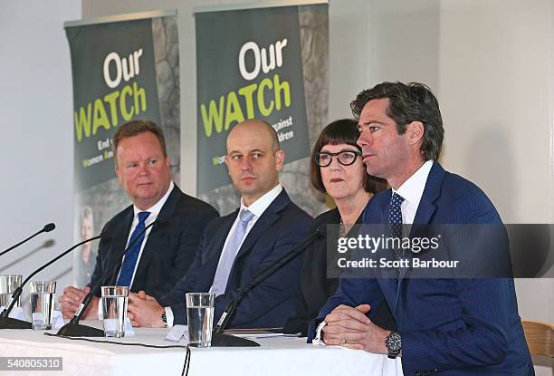 Gillon McLachlan, CEO AFL, Bill Pulver, CEO, ARU, Todd Greenberg, CEO, NRL and Kate Palmer, CEO, Netball Australia speak during a 'Our Watch' media...