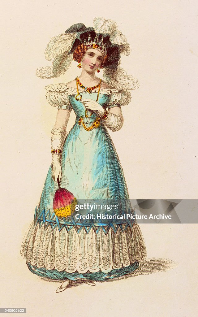 A Lady Wears Evening Dress and a Plumed Hat
