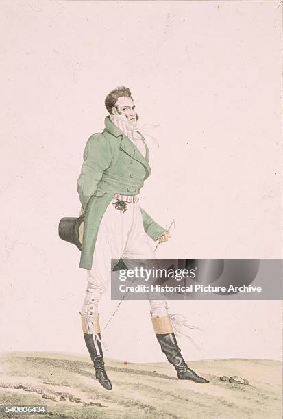 Gentleman wearing culottes, a double breasted tail coat, a cravat and riding boots.
