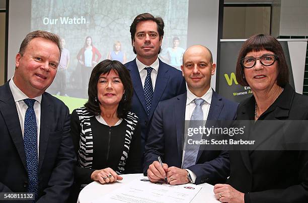 Gillon McLachlan, CEO AFL; Bill Pulver, CEO, ARU; Todd Greenberg, CEO, NRL ; Kate Palmer, CEO, Netball Australia and Mary Barry, CEO, Our Watch sign...