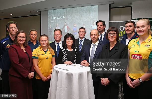 Robert Murphy, AFL; Kate Jenkins, Australia's Sex Discrimination Commissioner; Ruan Sims, NRL; Laura Waldie, ARU; Bill Pulver, CEO, ARU; Mary Barry,...