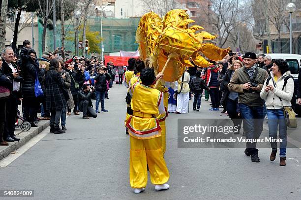 Actors performed the dragon dance during Chinese New Year Celebration, Barcelona, Spain, February 21, 2015