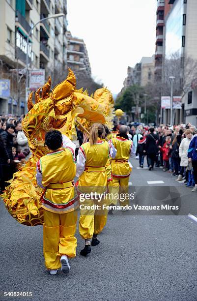 Actors performed the dragon dance during Chinese New Year Celebration, Barcelona, Spain, February 21, 2015