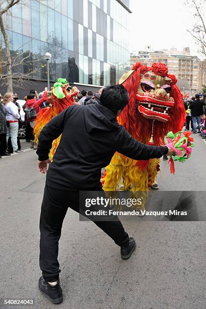 Actors performed the dragon dance during Chinese New Year Celebration, Barcelona, Spain, February 21, 2015