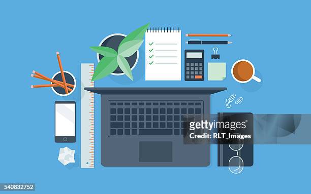 flat illustration of neatly organized workspace - desk stock illustrations