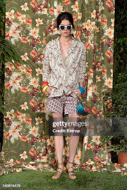 Model walks the runway at the Gosha Rubchinskiy fashion show during Pitti 90. On June 15, 2016 in Florence, Italy.