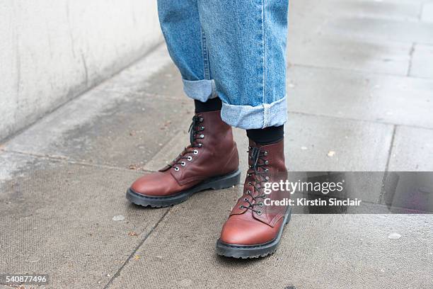 Fashion Journalist Jamal George Sharpe wears Doctor Marten boots and Levis"u2019s jeans on day 4 of London Collections: Men on June 13, 2016 in...