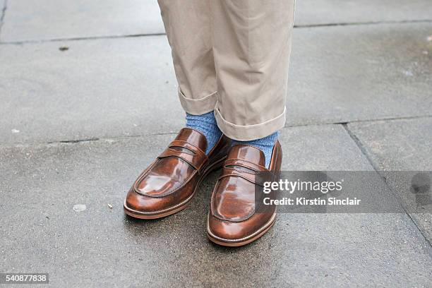 Presenter Stevie Kelly wears GH Bass shoes and Hilfiger Denim trousers from Italy on day 4 of London Collections: Men on June 13, 2016 in London,...