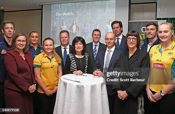 Robert Murphy, AFL; Kate Jenkins, Australia's Sex Discrimination Commissioner; Ruan Sims, NRL; Laura Waldie, ARU; Bill Pulver, CEO, ARU; Mary Barry,...