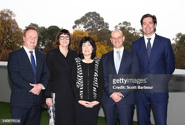 Gillon McLachlan, CEO AFL; Bill Pulver, CEO, ARU; Todd Greenberg, CEO, NRL and Kate Palmer, CEO, Netball Australia pose with Mary Barry , CEO, Our...