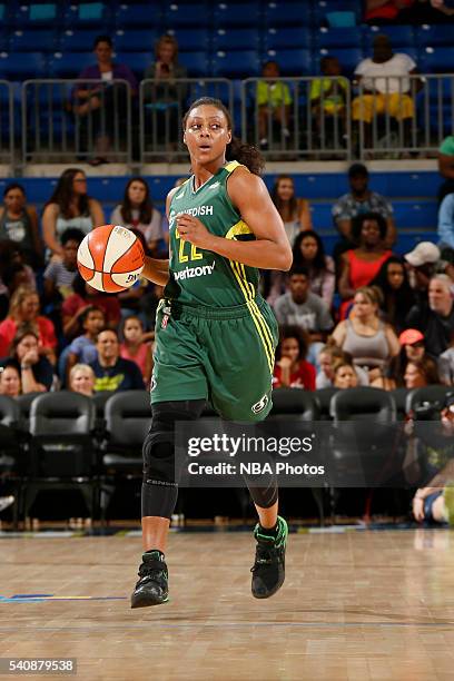 Monica Wright of the Seattle Storm handles the ball against the Dallas Wings on June 16, 2016 at College Park Center in Arlington, Texas. NOTE TO...