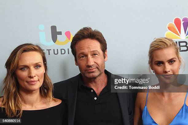 Actors Michaela McManus, David Duchovny and Claire Holt attend the premiere of NBC's "Aquarius" Season 2 held at The Paley Center for Media on June...