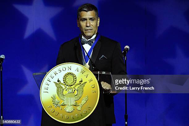 Rafael Sarango accepts the Jacqueline Kennedy Onassis for Outstanding Public Service Benefitting Local Communities award at the Jefferson Awards...