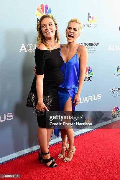 Actors Michaela McManus and Claire Holt arrive at the Premiere of NBC's "Aquarius" Season 2 at The Paley Center for Media on June 16, 2016 in Beverly...