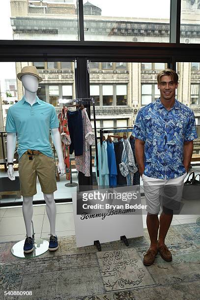 Model poses at the Tommy Bahama Island Zone Collection with 37.5 display at the 37.5/Cocona Brand showcase event at Gansevoort Park Avenue on June...