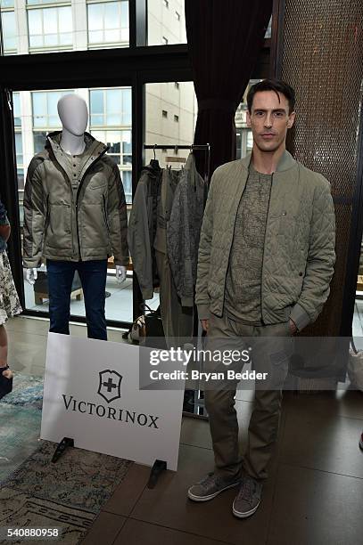 Model poses at the Victorinox Pinnacle Collection with 37.5 display at the 37.5/Cocona Brand showcase event at Gansevoort Park Avenue on June 16,...