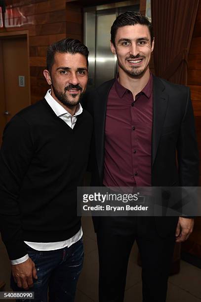 Soccer player David Villa of NYC Football Club for MISSION Athlete and Hockey player Chris Krieder of the NY Rangers for Bauer Hockey attend the...