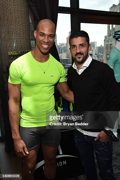 Model wearing MISSION Athlete and Soccer player David Villa of NYC Football Club for MISSION Athlete attend the 37.5/Cocona Brand showcase event at...
