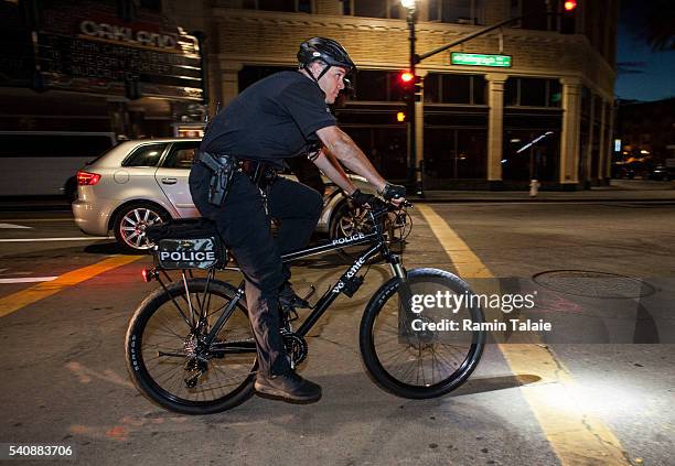 Large contingency of Oakland Police Department on bikes patrol Downtown Oakland after Golden State Warriors lose Game 6 of the 2016 NBA finals...