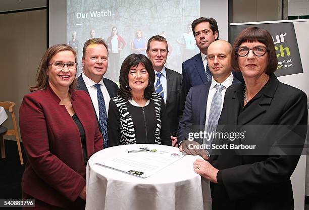 Kate Jenkins, Australia's Sex Discrimination Commissioner; Christian Porter, Australian Minister for Social Services; Gillon McLachlan, CEO AFL; Bill...