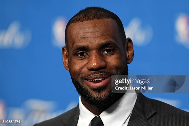 LeBron James of the Cleveland Cavaliers speaks to the media after defeating the Golden State Warriors in Game 6 of the 2016 NBA Finals at Quicken...