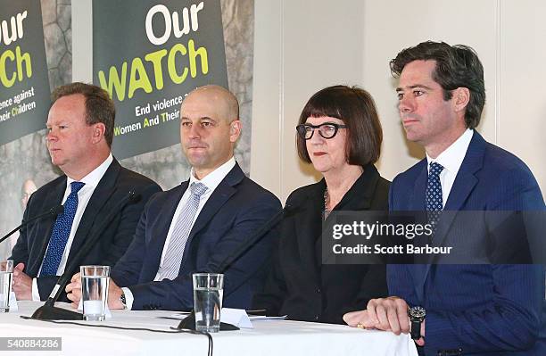 Gillon McLachlan, CEO AFL; Bill Pulver, CEO, ARU; Todd Greenberg, CEO, NRL and Kate Palmer, CEO, Netball Australia speak during a 'Our Watch' media...