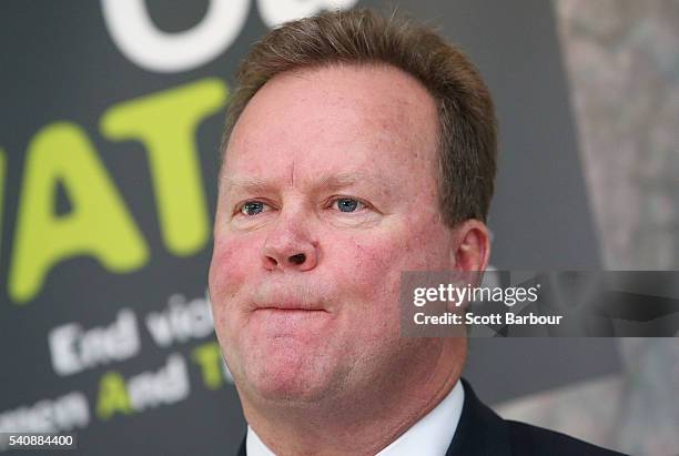 Bill Pulver, CEO, ARU speaks during a 'Our Watch' media opportunity at the Melbourne Cricket Ground on June 17, 2016 in Melbourne, Australia.