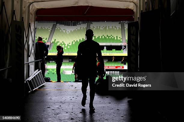 Silhouette of England fullback Mike Brown as he walks down the tunnel during the England Captain's Run at AAMI Park on June 17, 2016 in Melbourne,...