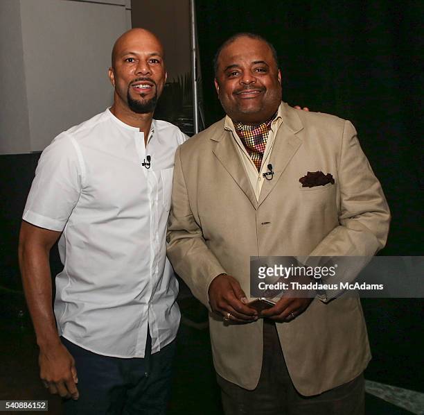 Common and Roland Martin backstage during the American Black Film Festival on June 18, 2016 in Miami Beach, Florida.