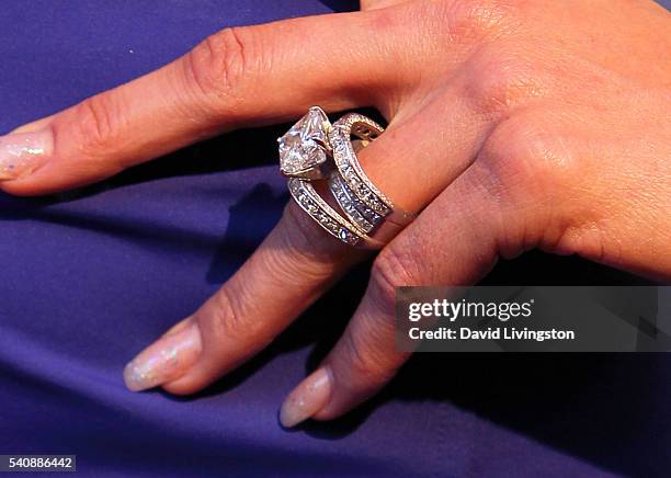 Personality Alexis Bellino, ring detail, attends the premiere party for Bravo's "The Real Housewives of Orange County" 10 Year Celebration at...