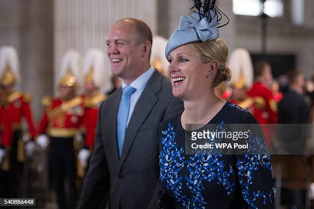 Zara Phillips and her husband Mike Tindall leave after a service of thanksgiving for Queen Elizabeth II's 90th birthday at St Paul's cathedral on...