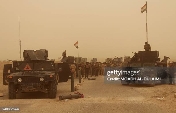 Iraqi government forces are seen on June 16, 2016 after recapturing the town of Zankura, northwest of Ramadi in Anbar province, from the Islamic...