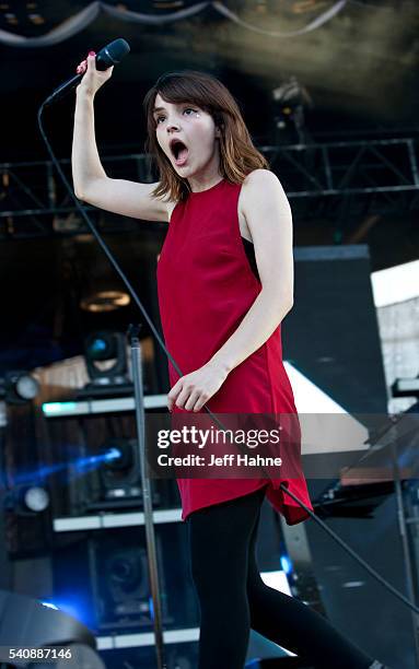 Singer Lauren Mayberry of Chvrches performs at Charlotte Metro Credit Union Amphitheatre on June 16, 2016 in Charlotte, North Carolina.