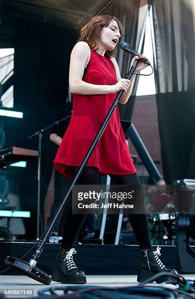 Singer Lauren Mayberry of Chvrches performs at Charlotte Metro Credit Union Amphitheatre on June 16, 2016 in Charlotte, North Carolina.