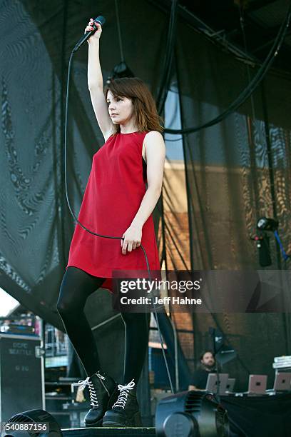 Singer Lauren Mayberry of Chvrches performs at Charlotte Metro Credit Union Amphitheatre on June 16, 2016 in Charlotte, North Carolina.