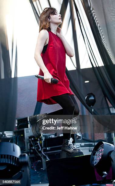 Singer Lauren Mayberry of Chvrches performs at Charlotte Metro Credit Union Amphitheatre on June 16, 2016 in Charlotte, North Carolina.