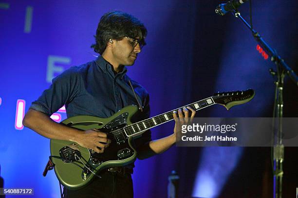 Guitarist Dave Depper of Death Cab for Cutie performs at Charlotte Metro Credit Union Amphitheatre on June 16, 2016 in Charlotte, North Carolina.