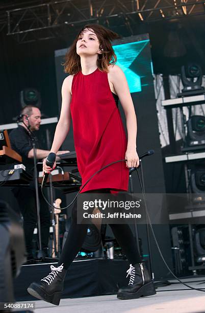 Singer Lauren Mayberry of Chvrches performs at Charlotte Metro Credit Union Amphitheatre on June 16, 2016 in Charlotte, North Carolina.