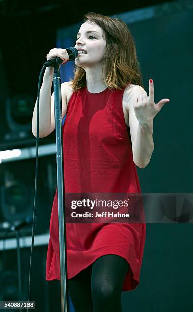 Singer Lauren Mayberry of Chvrches performs at Charlotte Metro Credit Union Amphitheatre on June 16, 2016 in Charlotte, North Carolina.