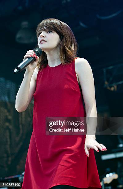 Singer Lauren Mayberry of Chvrches performs at Charlotte Metro Credit Union Amphitheatre on June 16, 2016 in Charlotte, North Carolina.