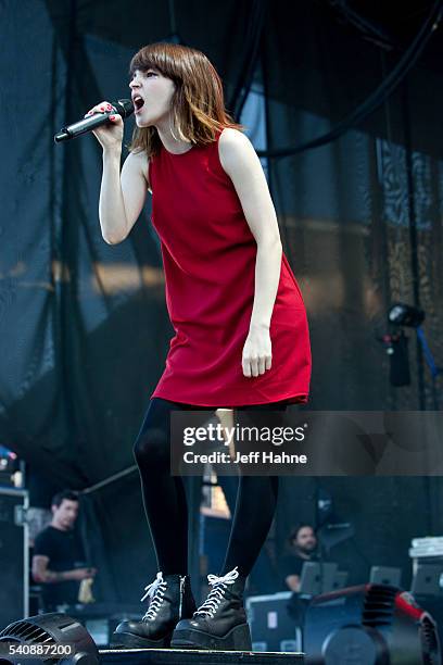 Singer Lauren Mayberry of Chvrches performs at Charlotte Metro Credit Union Amphitheatre on June 16, 2016 in Charlotte, North Carolina.