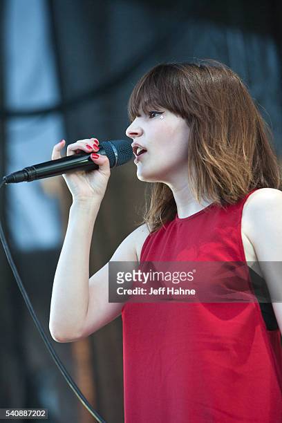 Singer Lauren Mayberry of Chvrches performs at Charlotte Metro Credit Union Amphitheatre on June 16, 2016 in Charlotte, North Carolina.